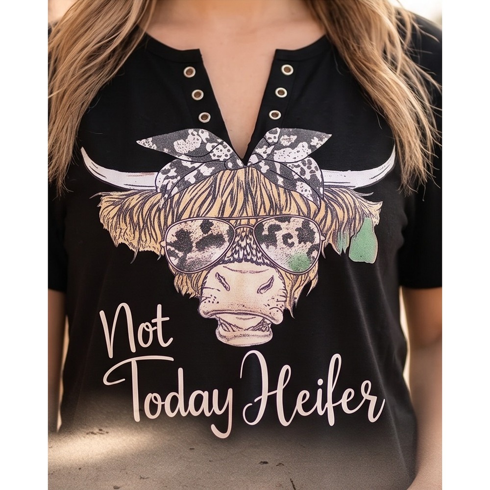 Not Today Heifer Black Graphic Tee‎ Lace Up V-Neck Highland Cow Top Womens 1X